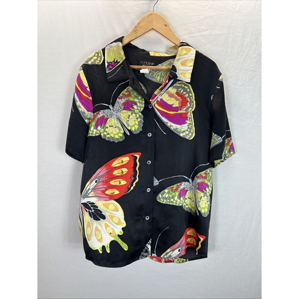 Vtg Citron Santa Monica 100% Silk Blouse Top Shirt M Art To Wear Butterfly Black